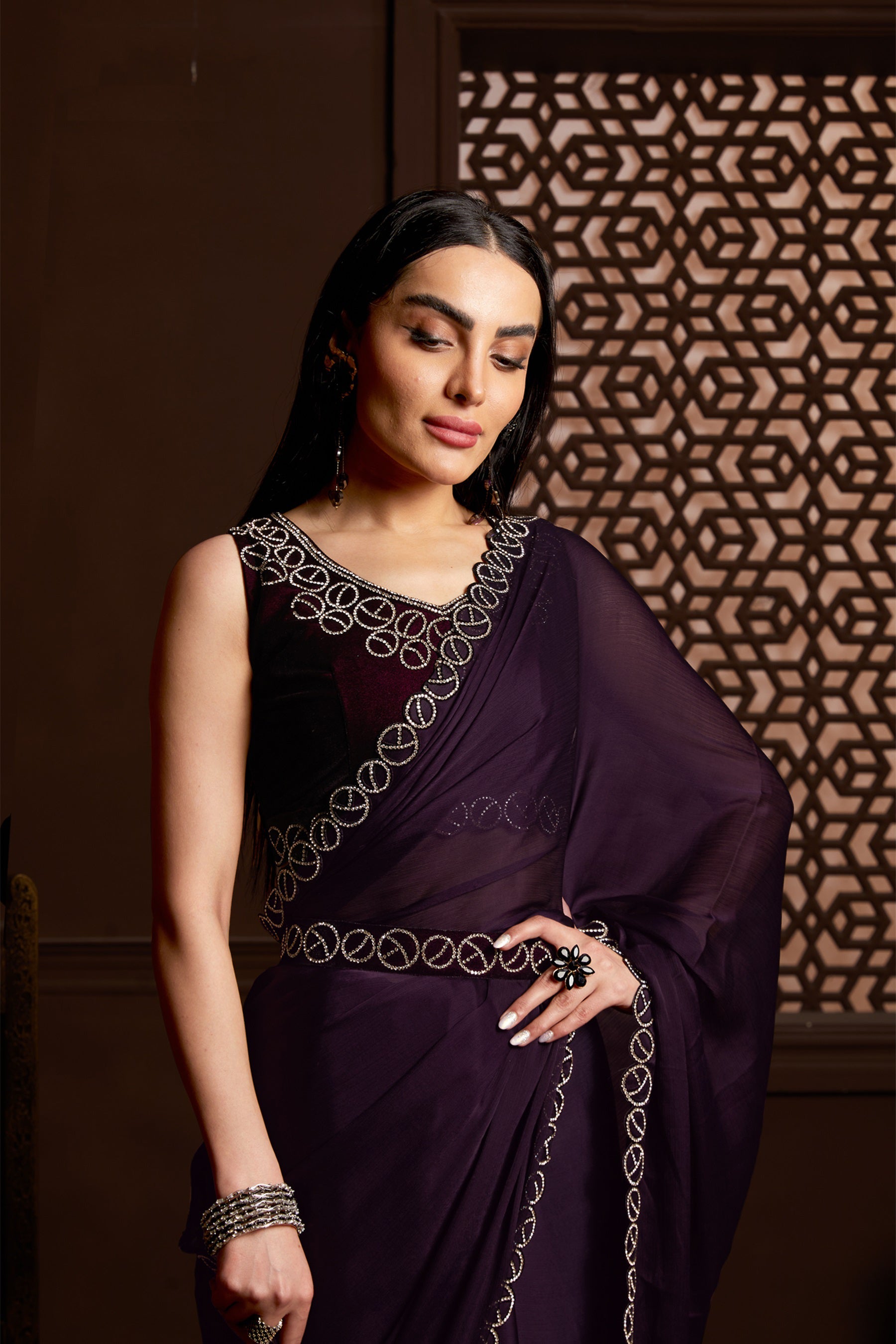 Pleated Purple Saree Paired With Silk Blouse In All Over Hand Embroide –  KavitaBhartia