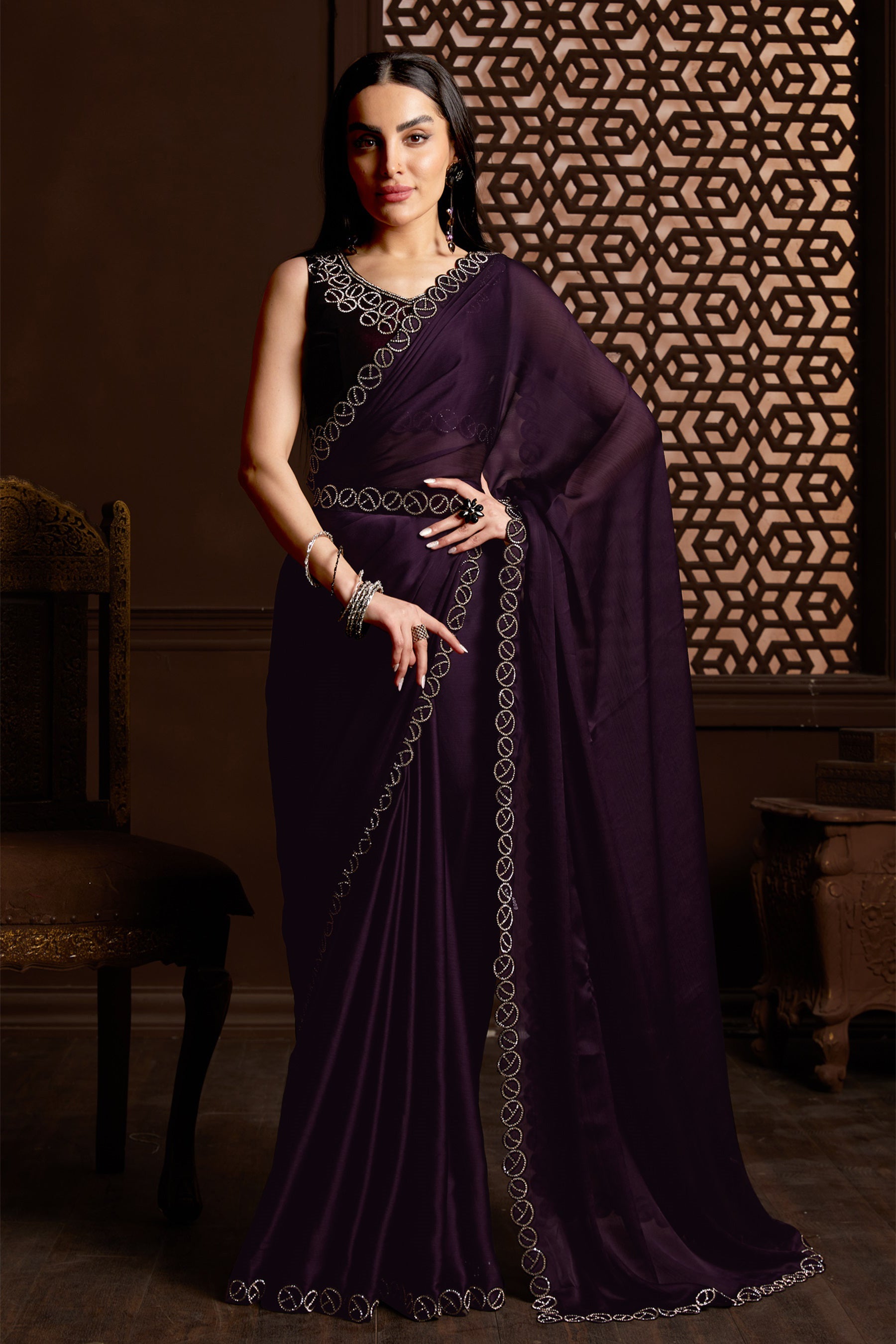 Buy Purple Silk Organza Embroidery Sequin And Beads Border Saree With Blouse  For Women by Mirroir Online at Aza Fashions.