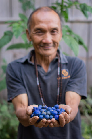 Bali Malas rudraksha farmer with blue prayer beads