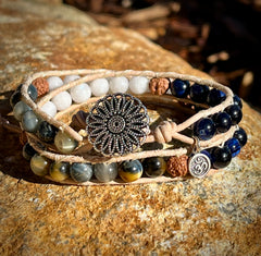 Luna Blue tigers eye and agate gemstone, leather and rudraksha  wrap bracelet handmade by Bali Malas