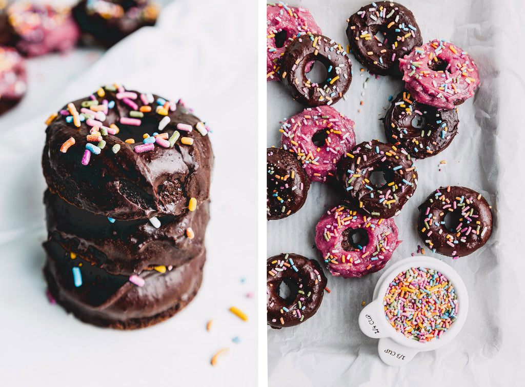 composite image; on the left is a stack of three chocolate baked donuts topped with chocolate icing and rainbow sprinkles; on the right is an overhead view of a mix of pink and chocolate glazed donuts on a parchment lined baking sheet, with rainbow sprinkles in a measuring cup