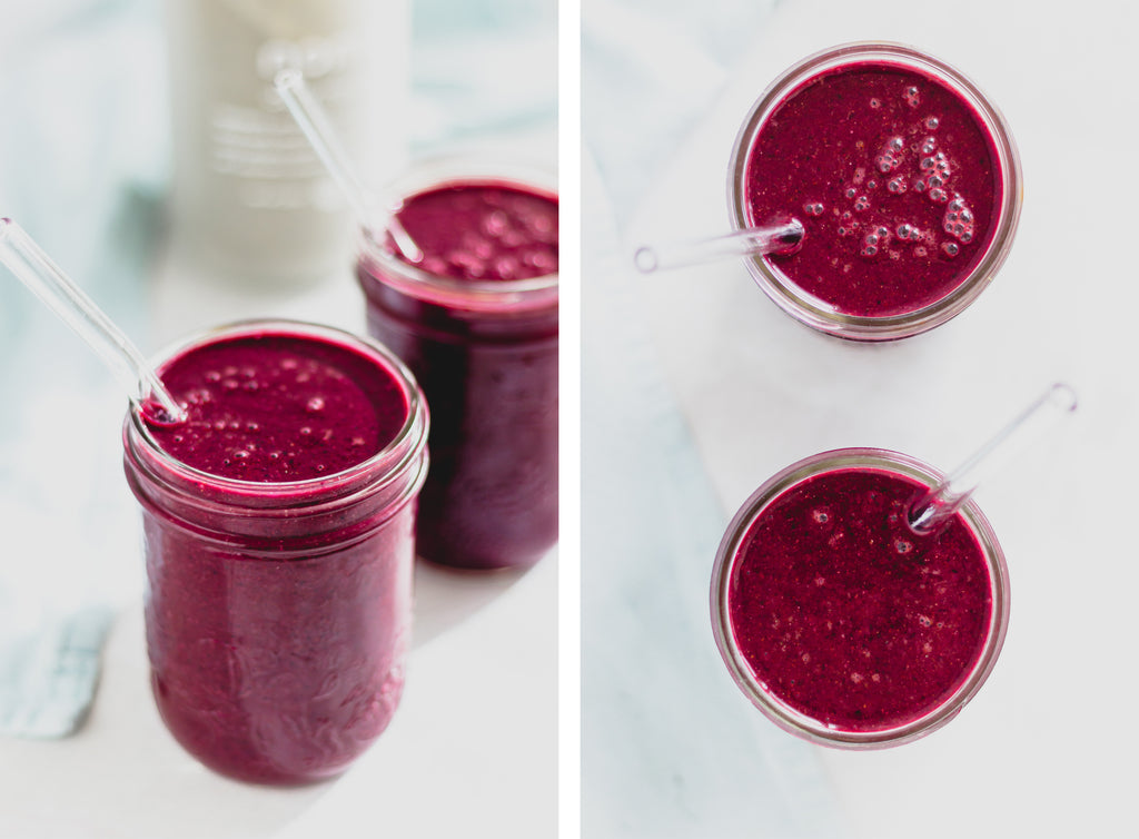 composite image of berry beet smoothie; left image is straight on from the side, right image is overhead on light concrete backdrop