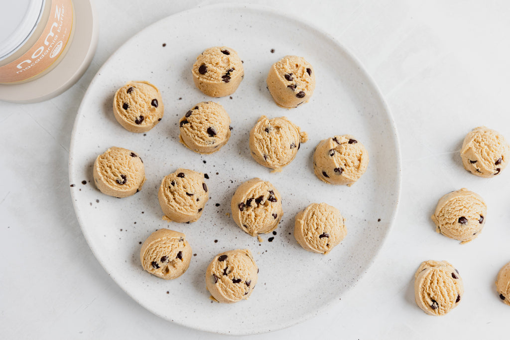 cookie dough bites on white plate from overhead