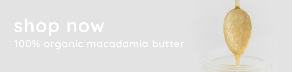 macadamia butter on gold spoon with text: shop now 100% organic macadamia butter