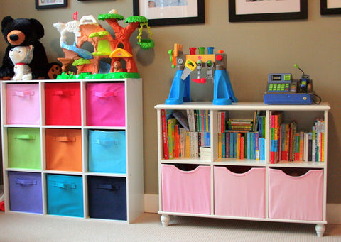 Organized toy room with cubbies and containers