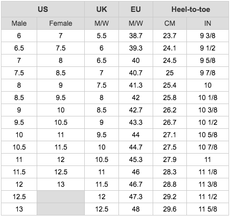 Soccer Boot Size Chart