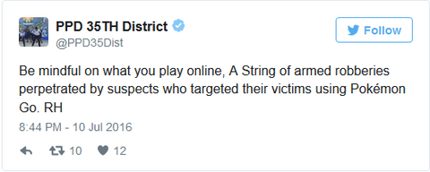 "Be mindful on what you play online, A String of armed robberies perpetrated by suspects who targeted their victims using Pokémon Go. RH" - The official Twitter account of the Philadelphia Police's 35th District.