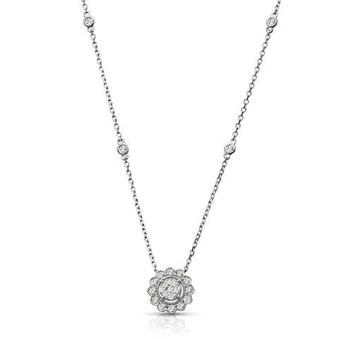 Round Diamond Pendant with Scalloped Halo and Chain