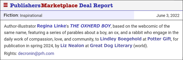 Publishers Marketplace announcement of The Oxherd Boy book sold to Potter Gift