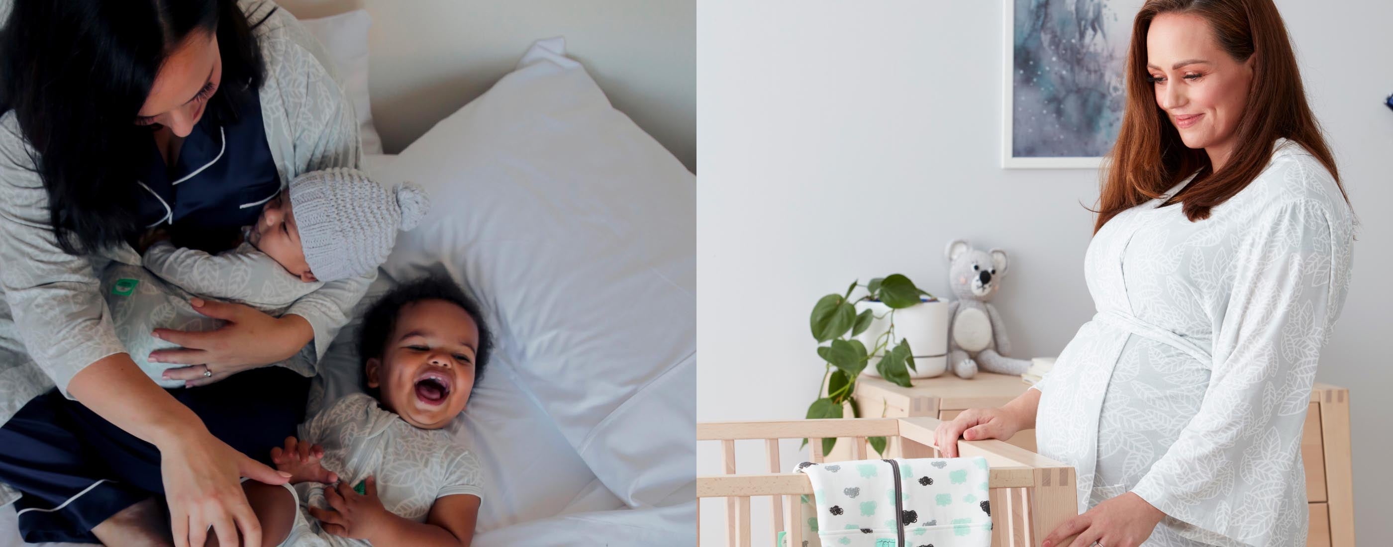 On left, Amanda with Easton and Hudson in rainforest leaves. On right, Amanda pregnant in a robe