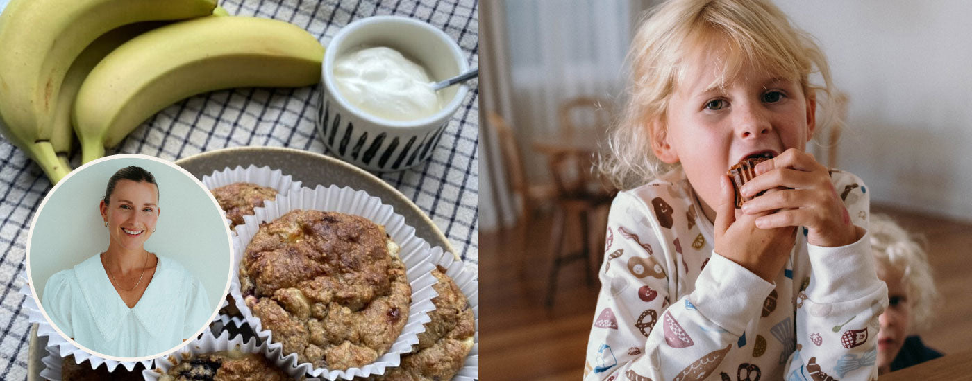 Breakfast muffins. A cute child eats one.