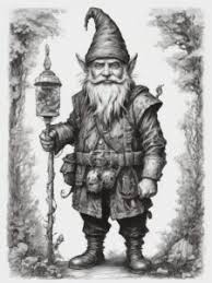 A black & white drawing of a gnome with staff