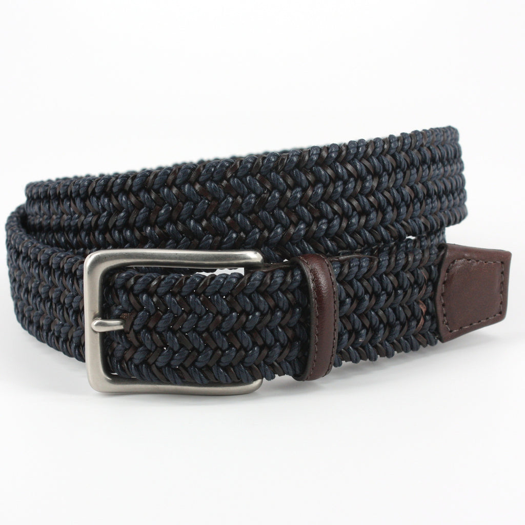 Italian Woven Cotton And Leather Navy/Brown 35mm Belt | Blue Lion Men's ...