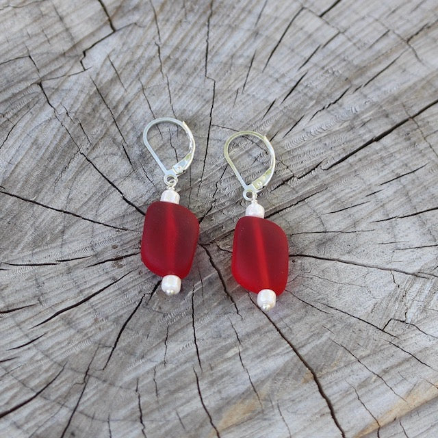 LARGE ULTRA RARE Vivid Red Genuine Sea Glass Earrings In Sterling Silver  Wire Bezel© (SSE1905)