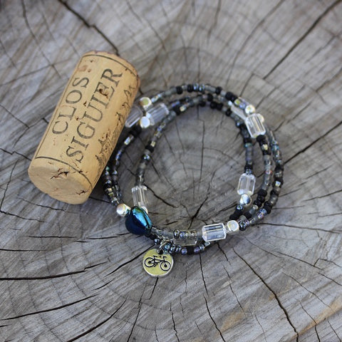 Adventure series stretch necklace or triple wrap bracelet with bike charm