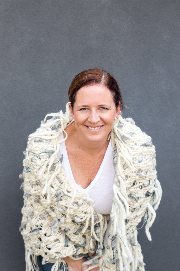 Anne Weil of Flax & Twine in Dash Shawl by Knit Collage