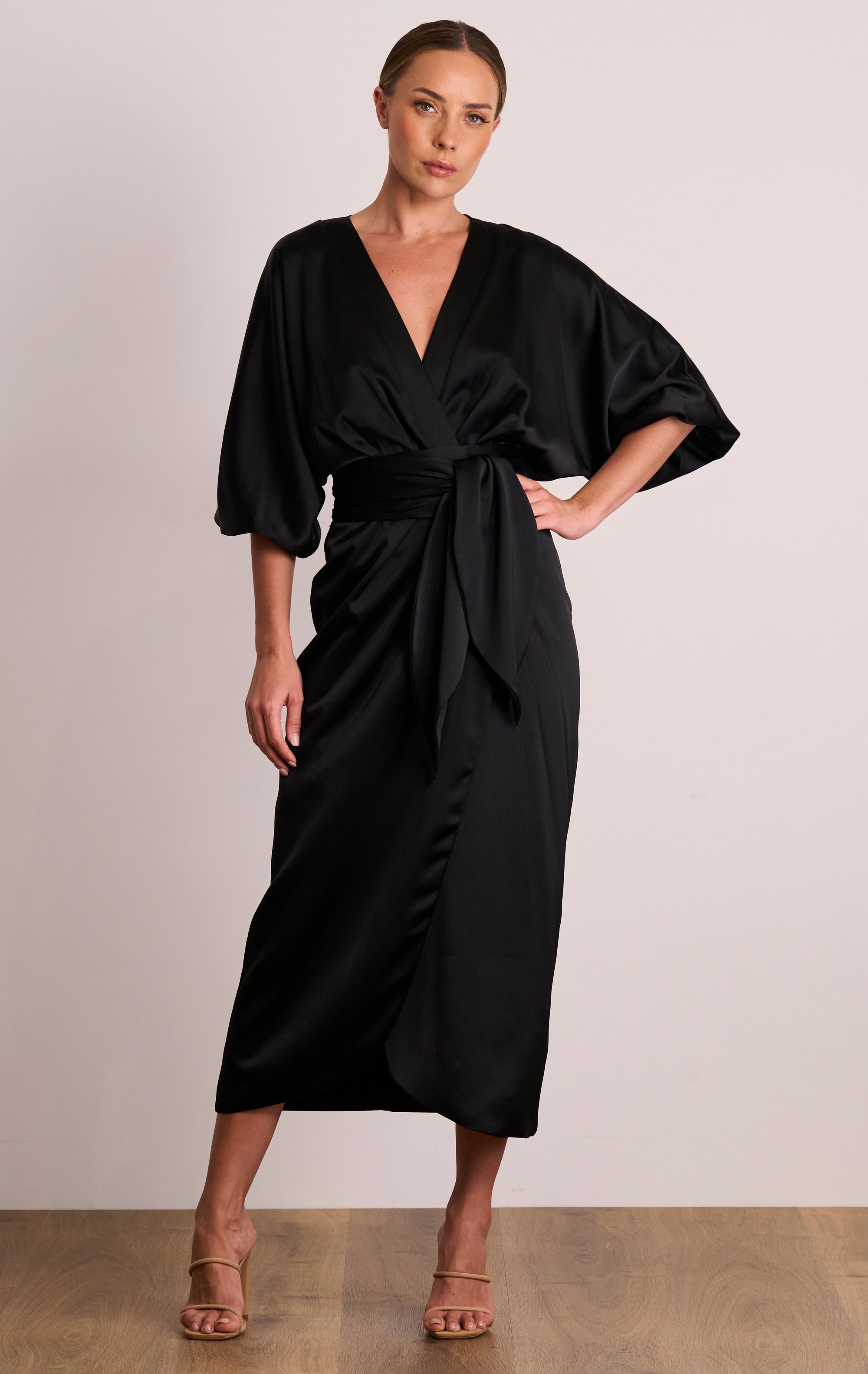 Black Wrap Halter Front Midi Dress