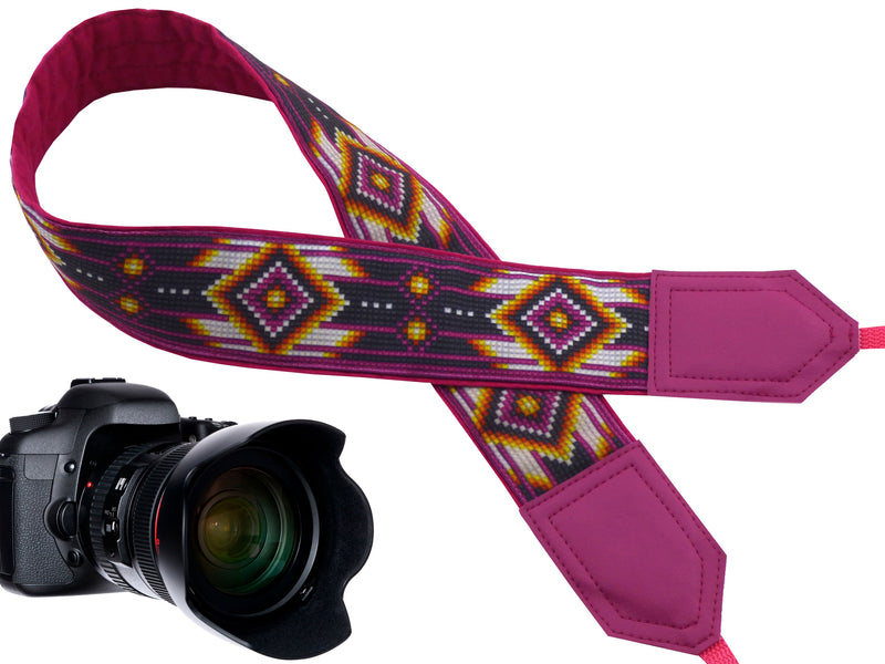 Personalized camera strap with native design. Purple / pink camera str ...