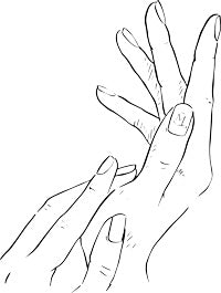An outline illustration of manicured hands. The right thumb nail is painted with the Maniqura simple logo.