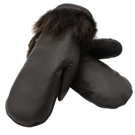 Vermont Leather Mittens with Wide Black Fox Fur Cuffs