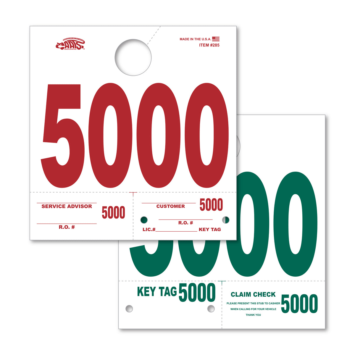 Heavy Stock Side Padded Dispatch Numbers 5000; image is a white square paper with a hole in the top middle with the number &quot;5000&quot; on the front in red, and one the back in green. 