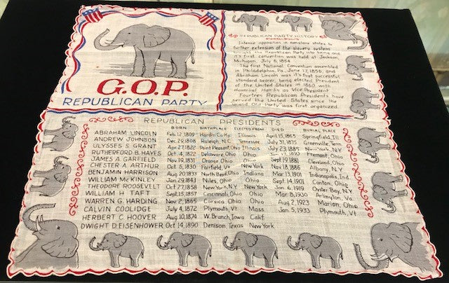 Vintage Republican Framed Political Art | GOP Flag Handkerchief Art | 1950's | 20" x 20" Framed