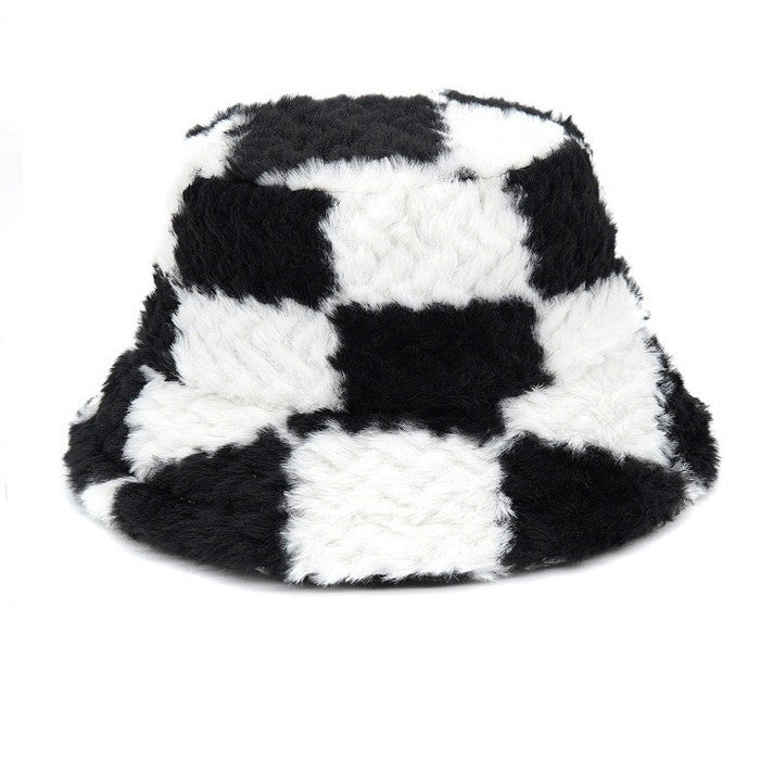 Fuzzy Checkered Bucket Hat with Polyester Material