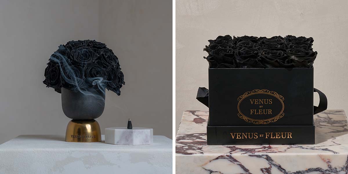 Feu Vase and Small Square with Black Roses