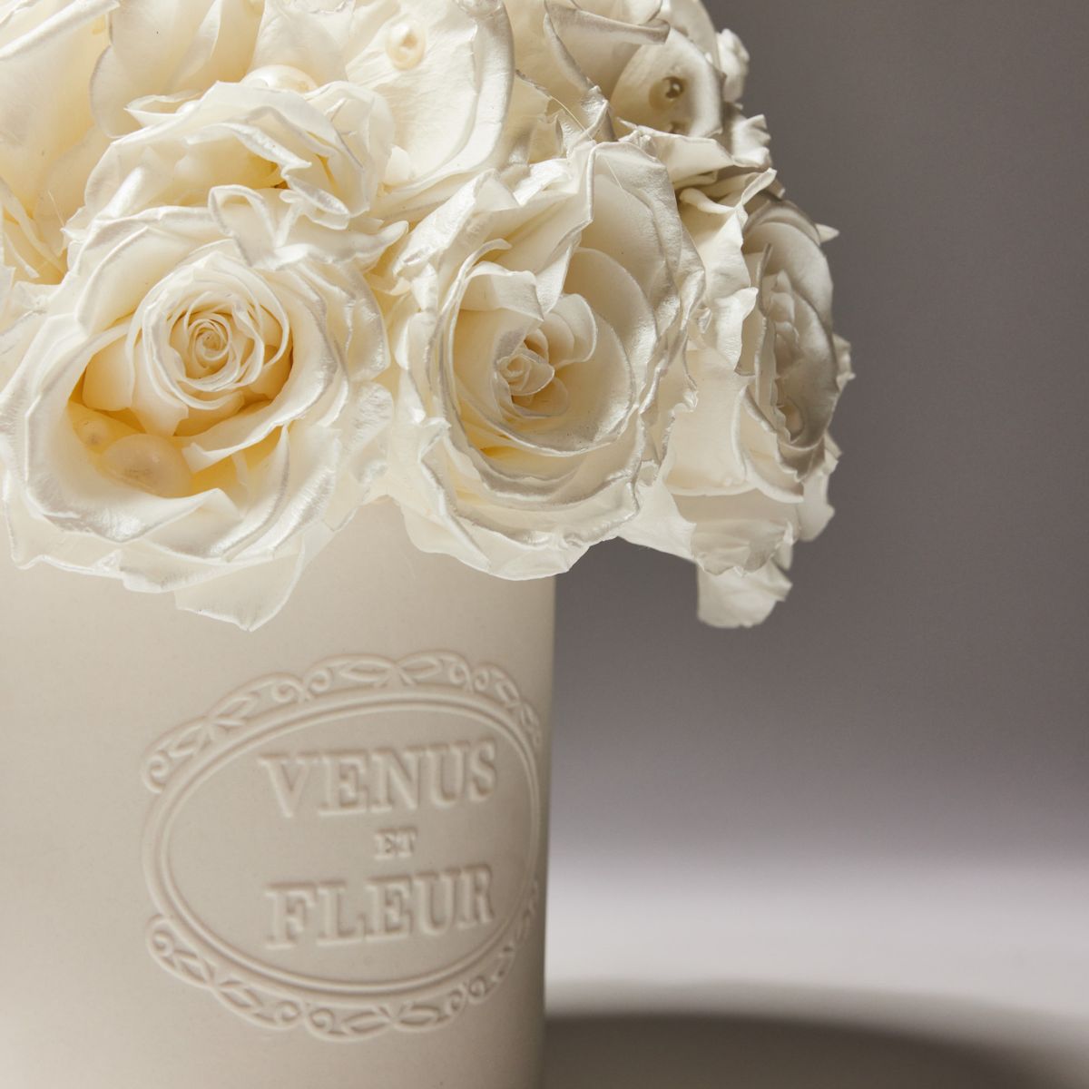 Close Up on the Pearlescent Fleura Porcelain Pearl Sheen Rose Arrangement