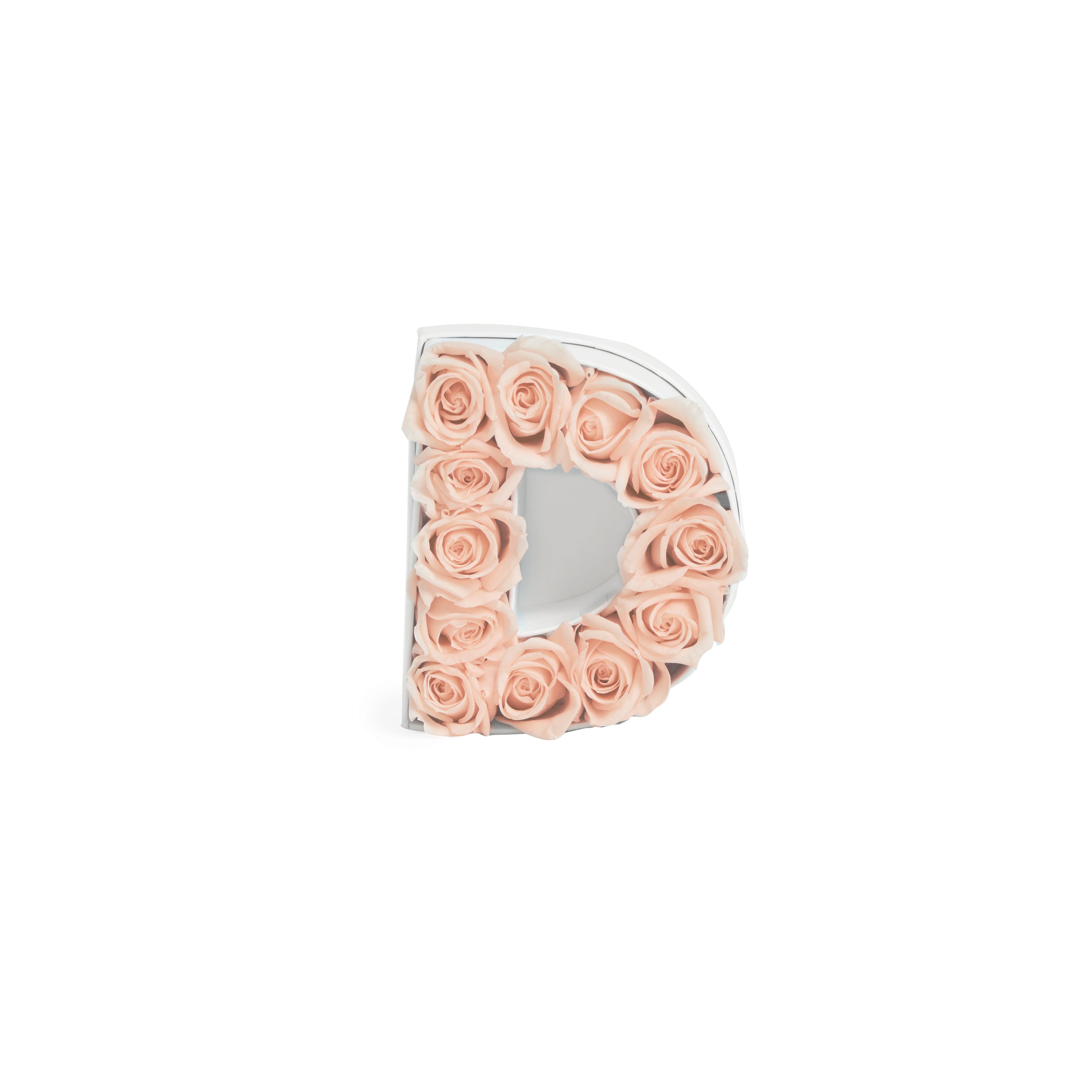 A letter 'D' filled with light pink roses.