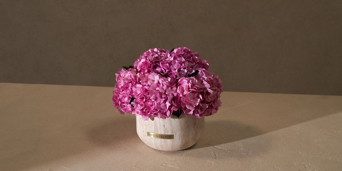 Pink Hydrangea Flower Eternity Arrangement in Stone Vase by Venus et Fleur