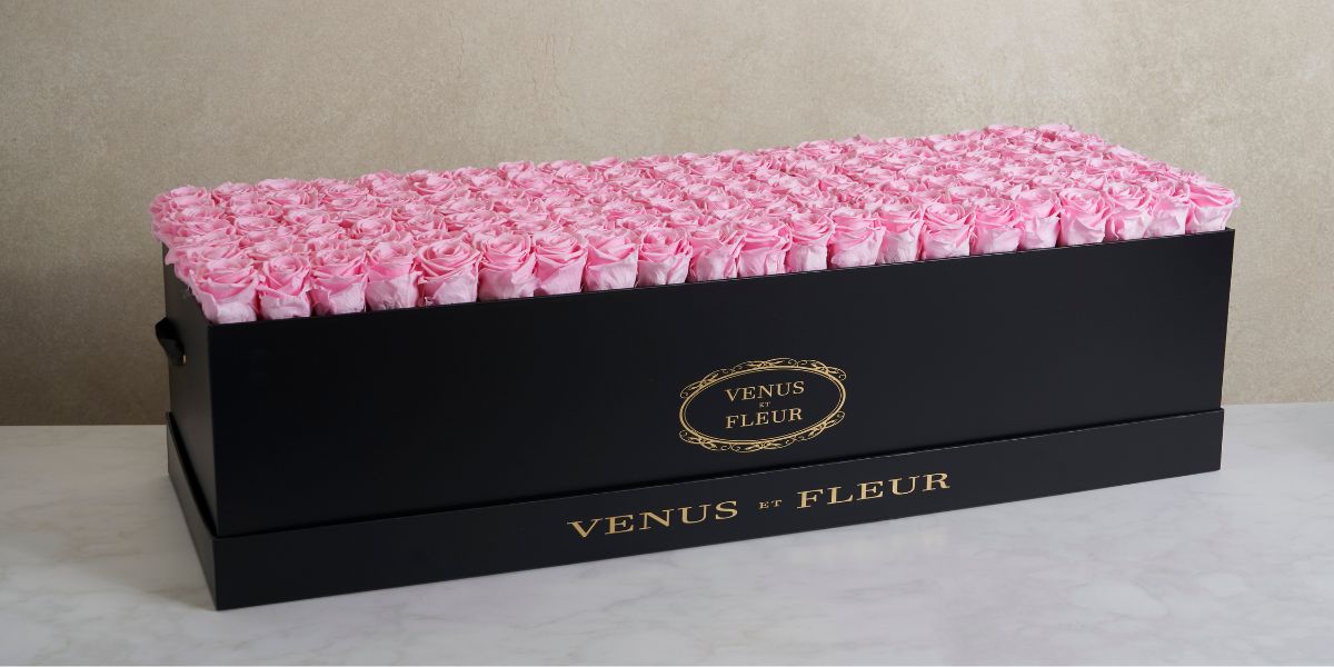 Grandiose de Venus Pink Eternity Roses in Black Rectangle Flower Box - Venus et Fleur