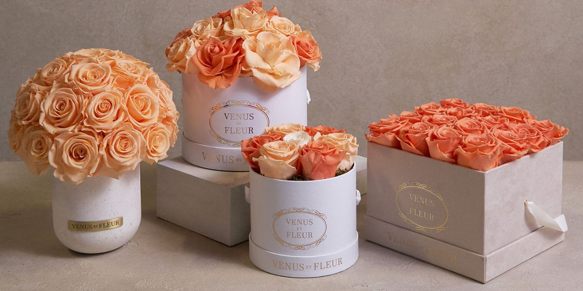 Papaya Orange Mixed Eternity Rose Arrangements Venus et Fleur