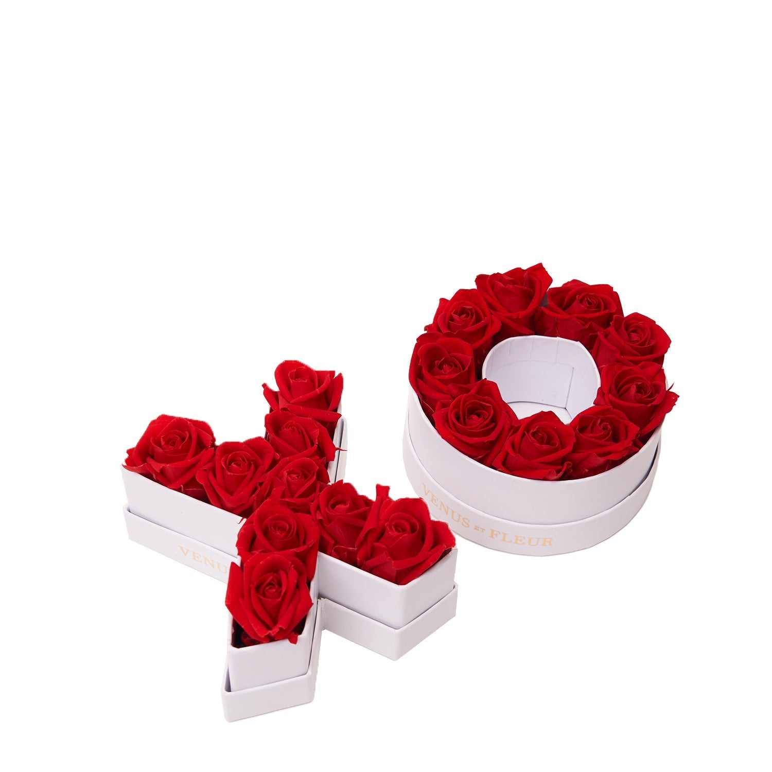 Red roses arranged in white 'XO' shaped boxes.