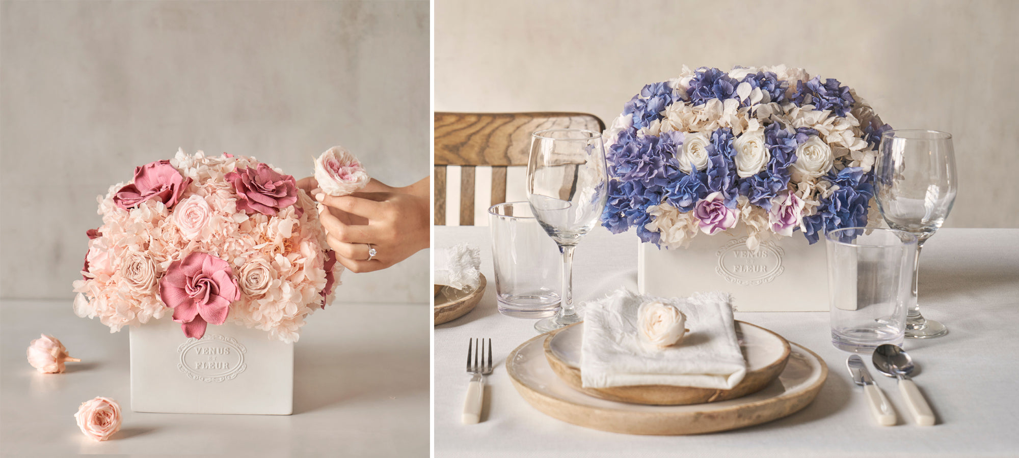 left large pink flower arrangement in white porcelain vase, right lavender rose flower arrangement in porcelain vase