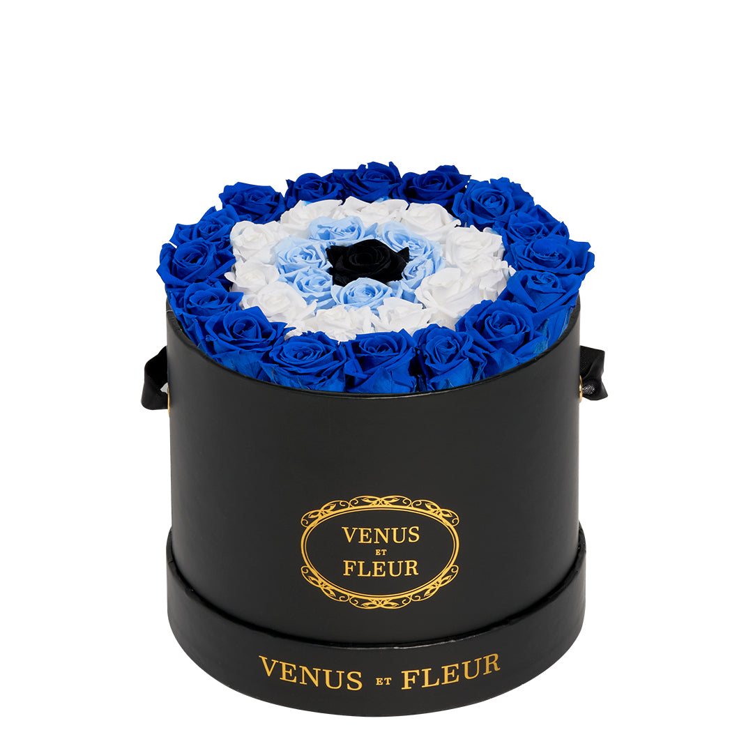 Deep Blue, Baby Blue, White Eternity Roses in A Evil Eye Symbol in Le Petit Round Box White Signature Classic Box