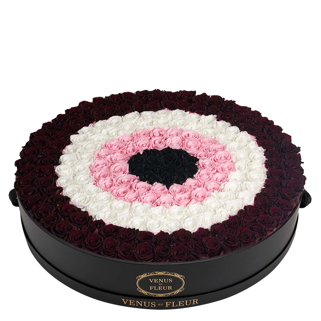 Deep Blue, Baby Blue, White Eternity Roses in A Evil Eye Symbol in Le Petit Round Box White Signature Classic Box