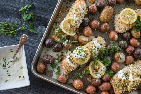 Sheet Pan Panko Herb Crusted Salmon with Roasted Baby Potatoes and Lemon-Chive Creme Fraiche