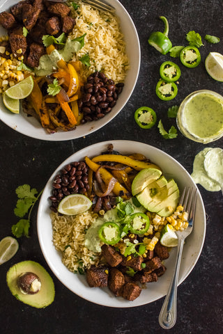 Steak Burrito Bowls with Charred Corn, Fajita Veg, and Spicy Jalapeño Cream