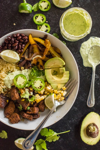 Steak Burrito Bowls with Charred Corn, Fajita Veg, and Spicy Jalapeño Cream