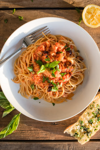 Spicy Tuna Spaghetti with Liokareas Organic Kalamata Olives, Capers, and Anchovies