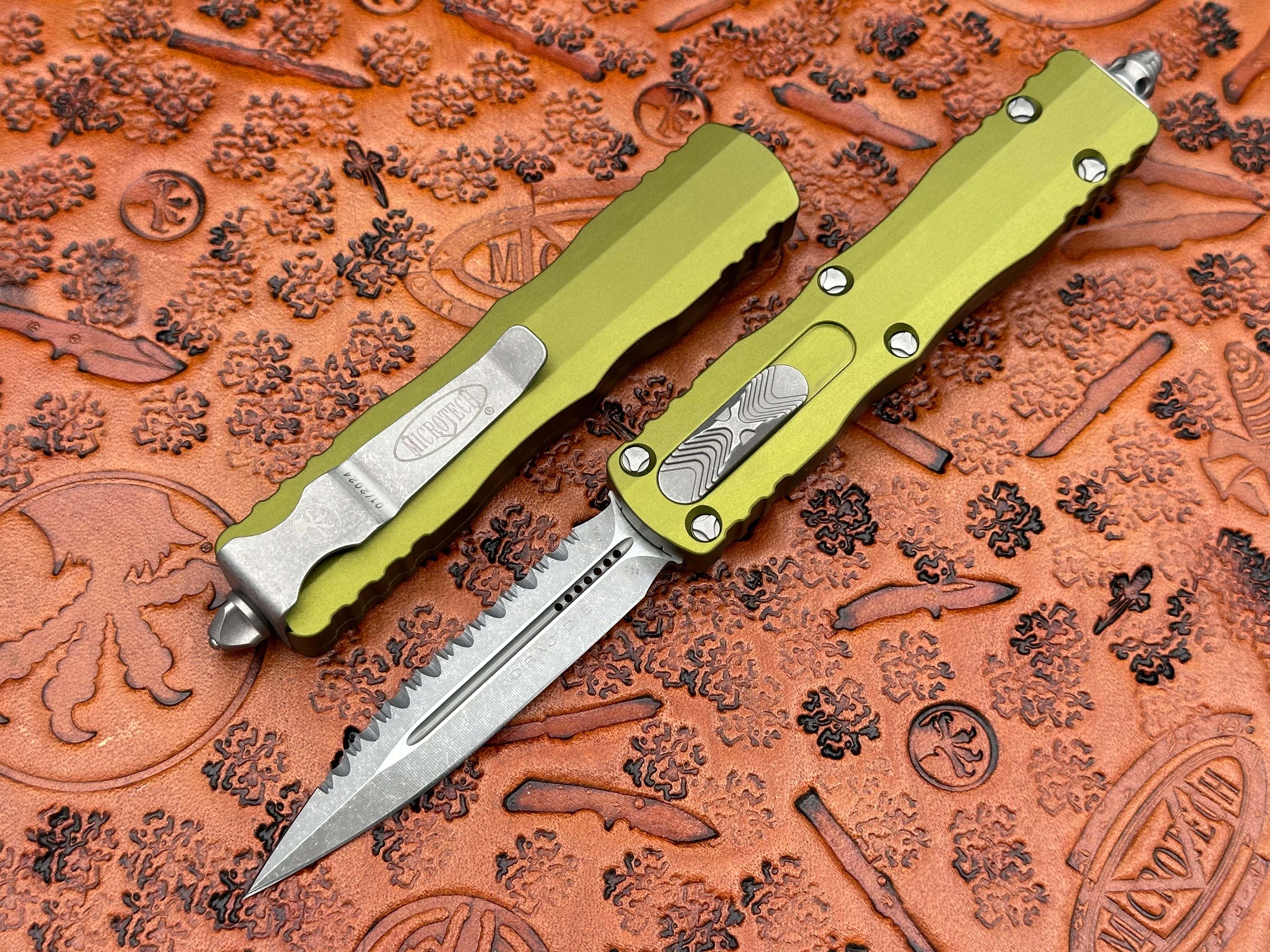 Microtech Dirac OD Green Double Edge Full Serrated Apocalyptic Standard 225-12 APOD