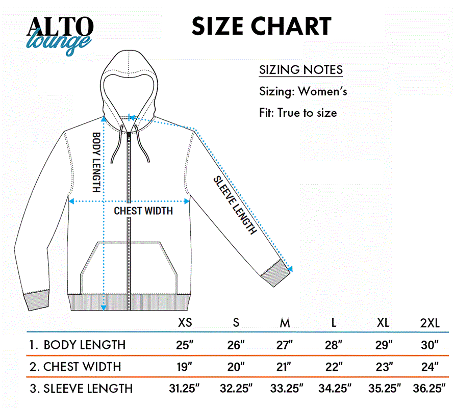 Alto Lounge Summer Hoodie Size Chart