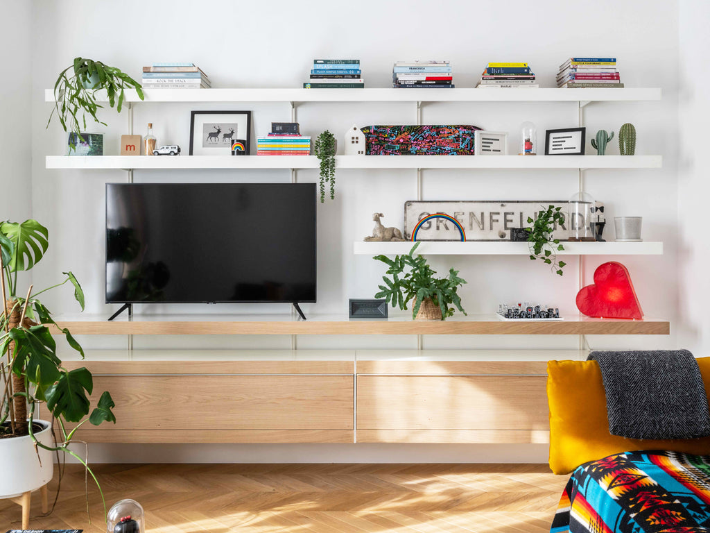 ON&ON wall mounted shelving system with oak cabinets