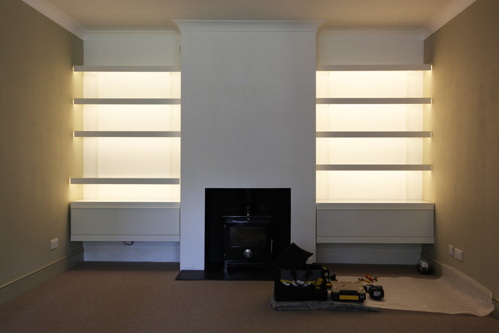 alcove shelving with shelf lighting built in