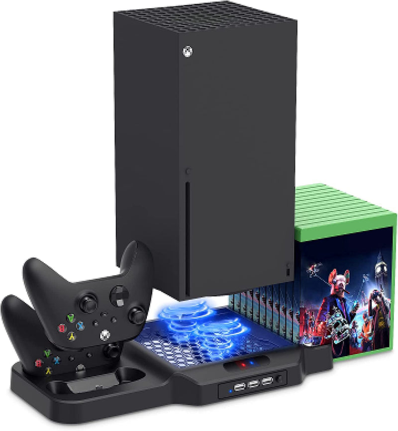 Vertical Stand for Xbox Series X/S with Cooling Fan, Controller Charger Dock and Game Rack Organizer - 3 USB Ports