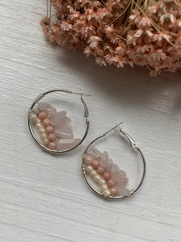 Stainless Steel Hoop Earrings Rose Quartz and Glass Bead Lightweight Earrings