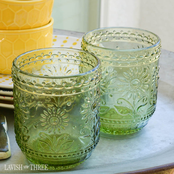 Vintage Cottage Style Green Embossed Drinking Glass Tumbler Set Of 2 Lavish Three 0297