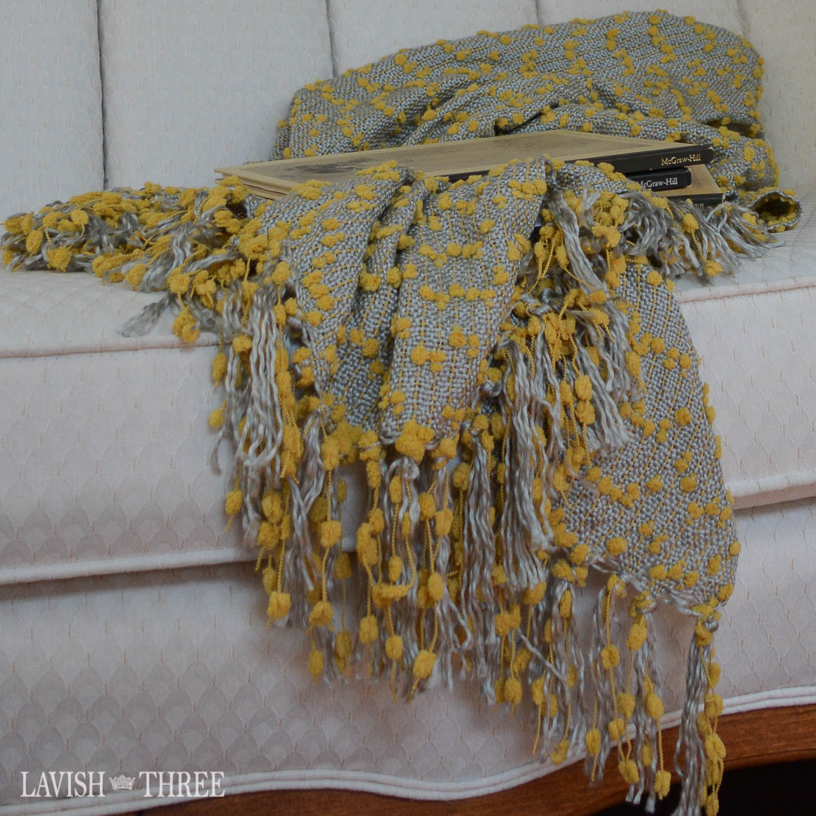 Petite Pompom Blanket Throws With Fringe In Yellow Or Vanilla Combo Lavish Three