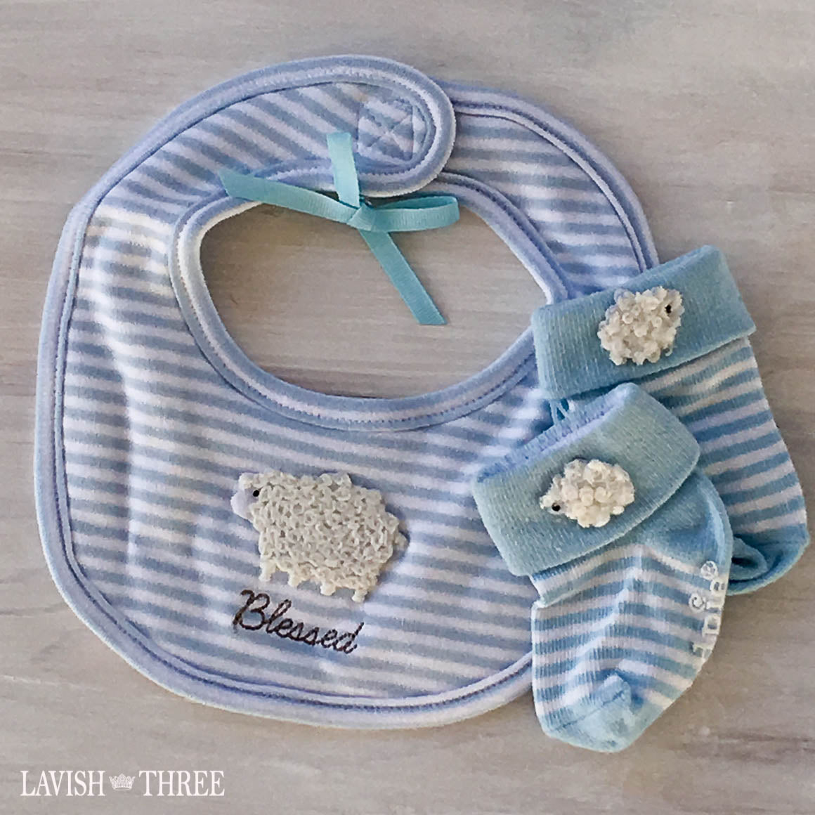 Lavish baby boy gift set; blue white blessed lamb bib, bootie sock ...